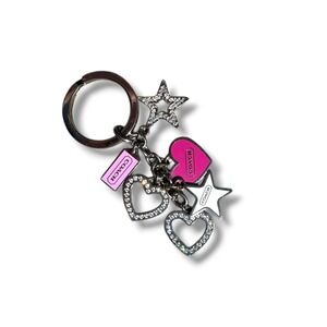 Vtg COACH Y2k Pink Pave Hearts Stars Swarovski Crystal Multi Charm Keychain Fob